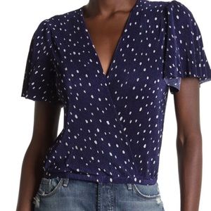 ASTR The Label Navy Blue Dot Plisse Blouse LARGE